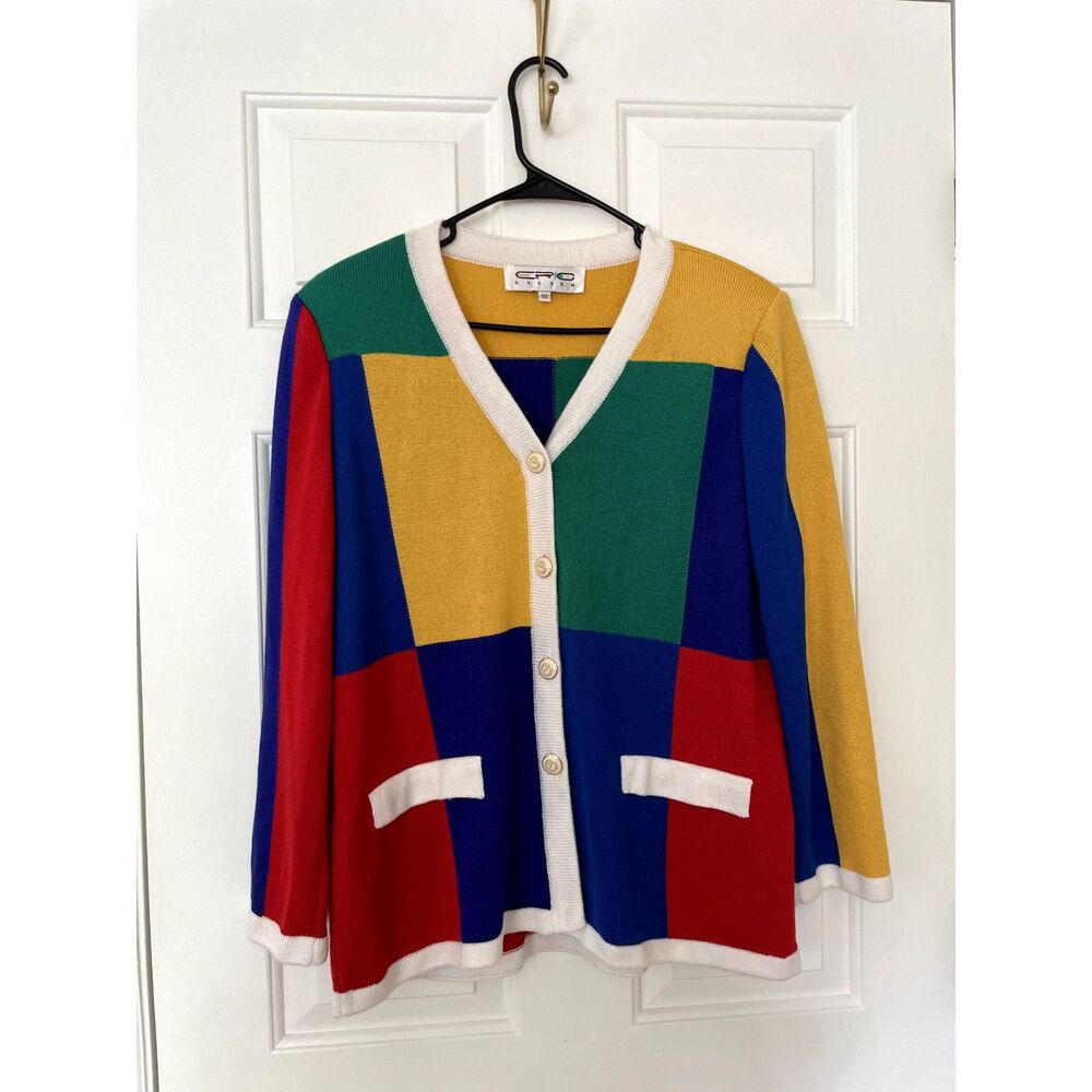 Vintage Eric Steven Size 18 Colorblock Knit Top Gold Button Shoulder Pads Retro